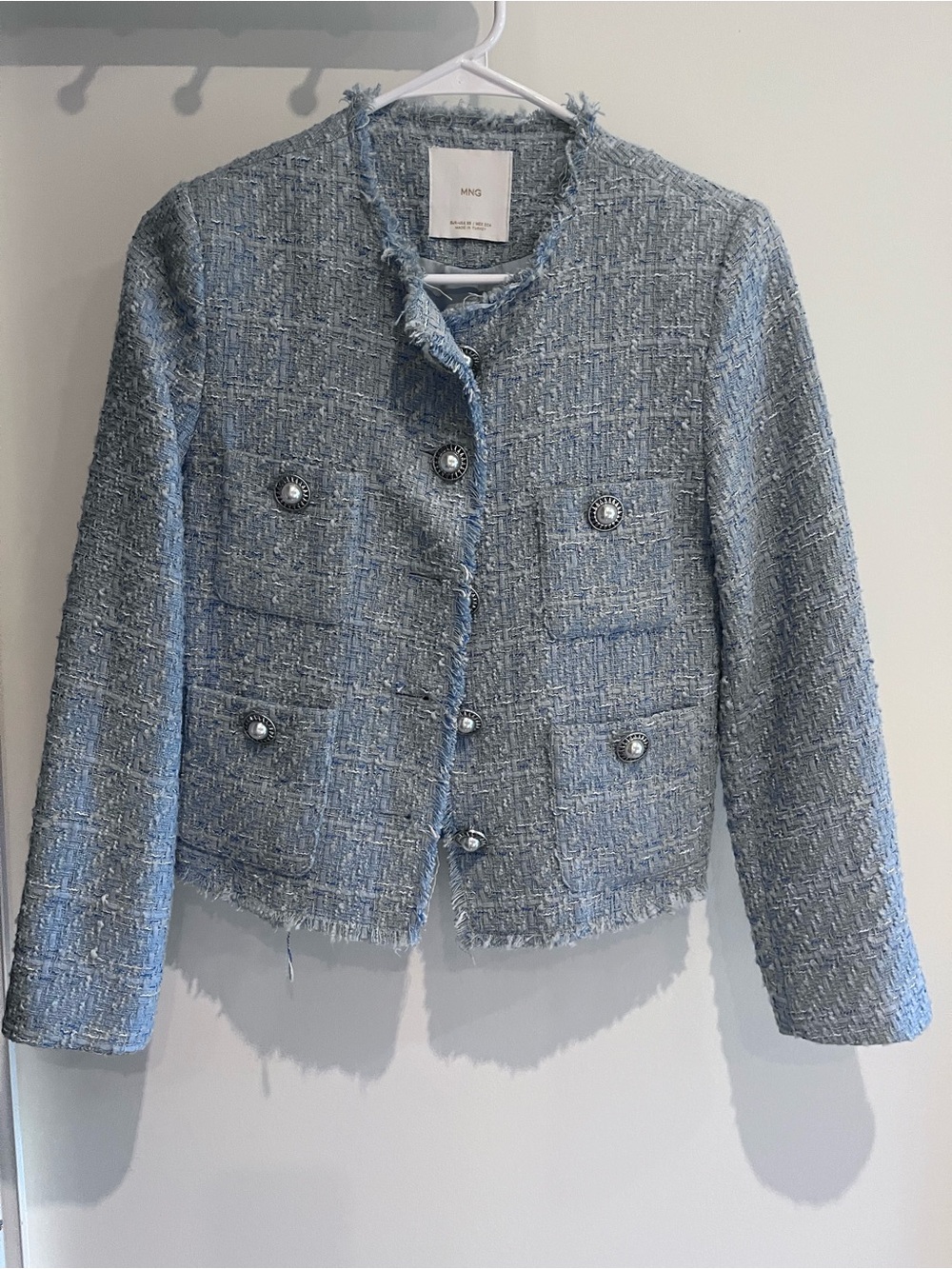 Mango Powder Blue Tweed Pearl-Button Cropped Jacket